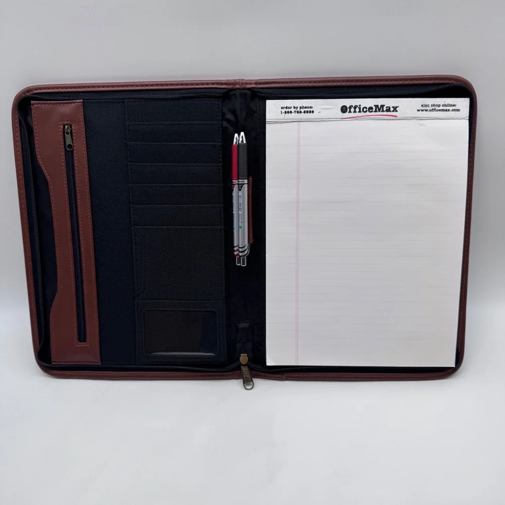 Shell Padfolio Black Brown Zippered Organizer Portfolio with Notepad and 2 pens